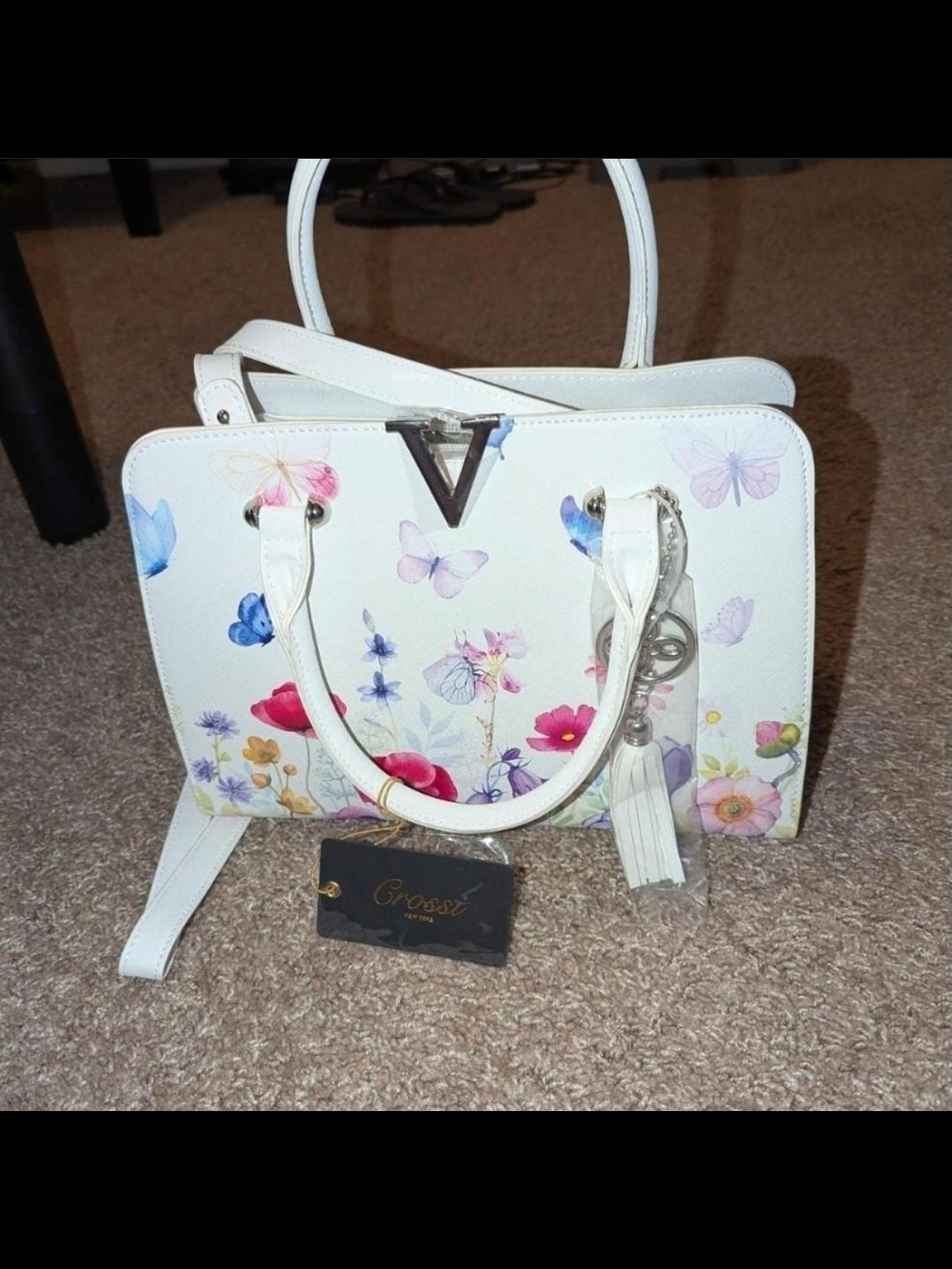 White Floral Butterfly Shoulder Satchel with Tassel